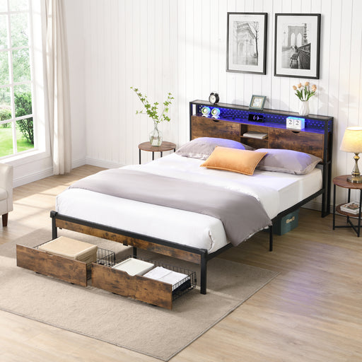 King Size Metal Platform Bed Frame with Wooden Headboard and with Footboard USB,Charging Station,2 Drawers,storage, LED Lights, No Box Spring Needed, Easy Assemble - DTYStore
