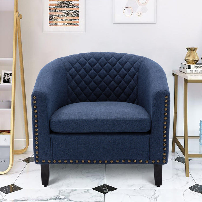 COOLMORE Barrel Chairs with Soft Padded Armrest, Club Chairs with nailheads and solid wood legs for Living Room Bedroom Waiting Room (Navy linen)