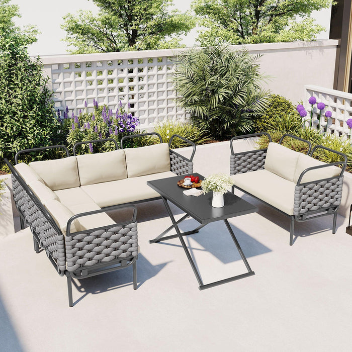 5-Piece Modern Patio Sectional Sofa Set Outdoor Woven Rope Furniture with Table and Cushions