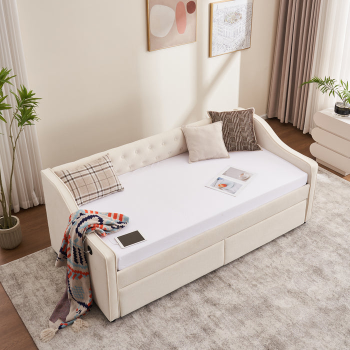 Twin Size Upholstered Daybed with Storage Drawers, Solid Wood Sofábed Bed Frame with Velvet Fabric & Wood Slat Support for Bedroom, Living Room, Office,Beige - DTYStore