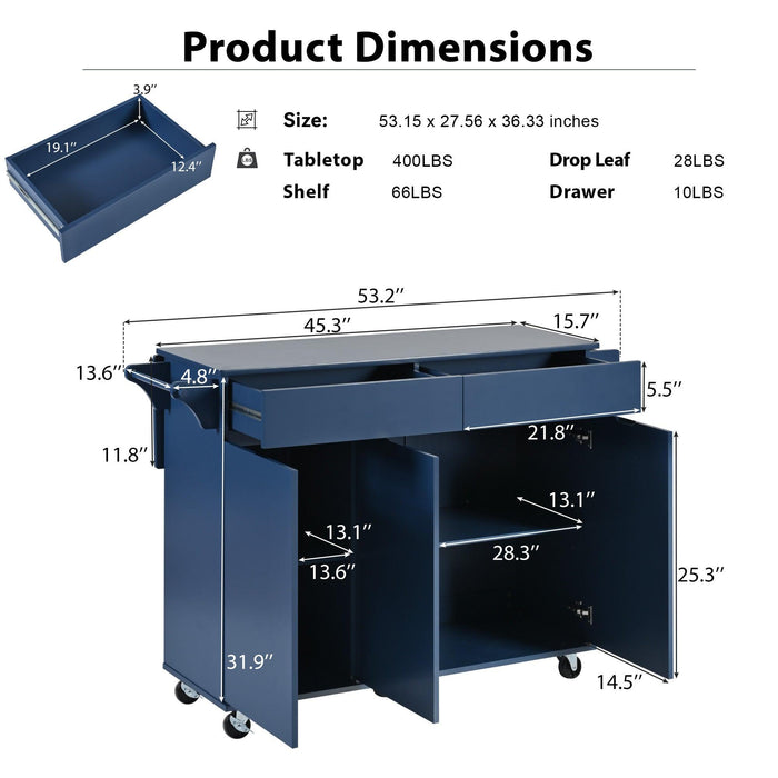 K&K 53.2'' Kitchen Island with Drop Leaf, Kitchen Storage Cart with Spice Rack, Towel Rack and 2 Drawers, Rolling Kitchen Island on Wheels with Adjustable Shelves for Kitchen, Dining Room, Navy Blue