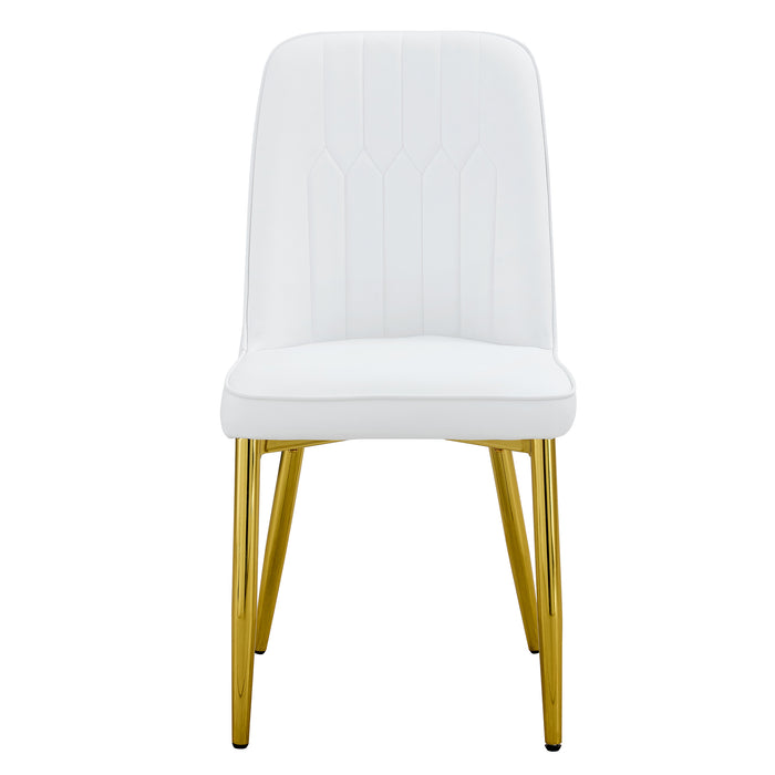2 modern dining chairs, sleek PU leather backrest, and gold metal legs bring a comfortable home experience to the kitchen, bedroom, and office.W1151P183322 - DTYStore