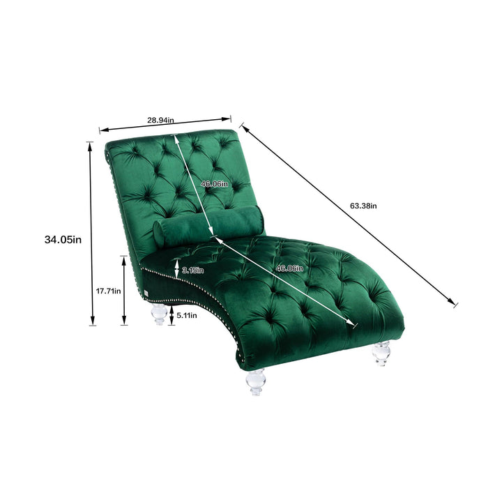 COOMORE Velvet Chaise Lounge Indoor,Button-Tufted Upholstered Chaise Lounge Chair with Pillow for Bedroom Living Room Office (Emerald Velvet)