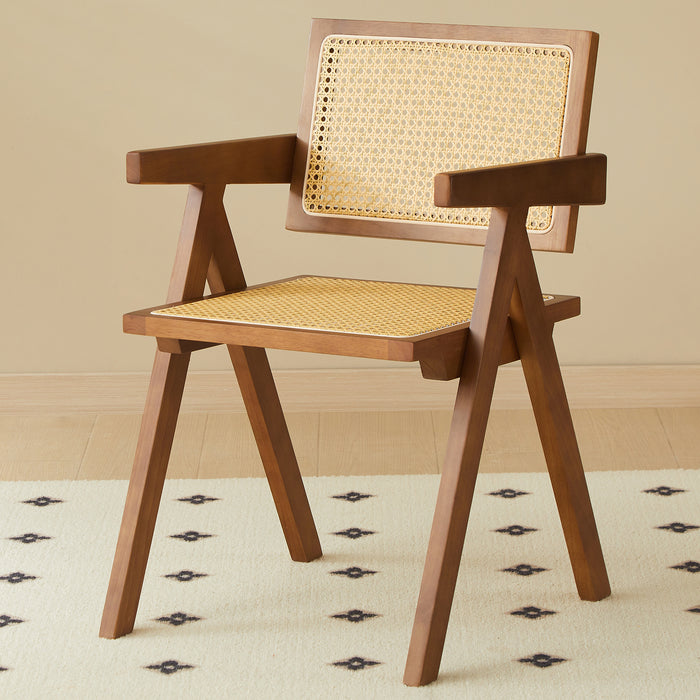 2 dining chairs, walnut color, using rubber wood rattan weaving process, armrest solid wood dining chair, living room chair, simple and natural - DTYStore