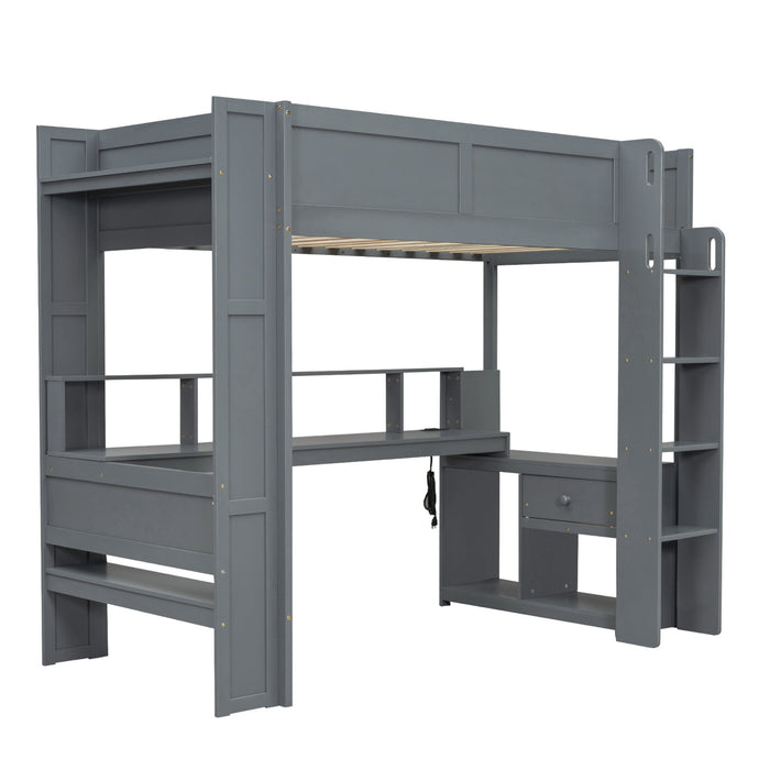 Wood Twin Size Gaming Loft Bed with Desk, Multi-storage Shelves, LED and Charging Station, Dark Gray - DTYStore