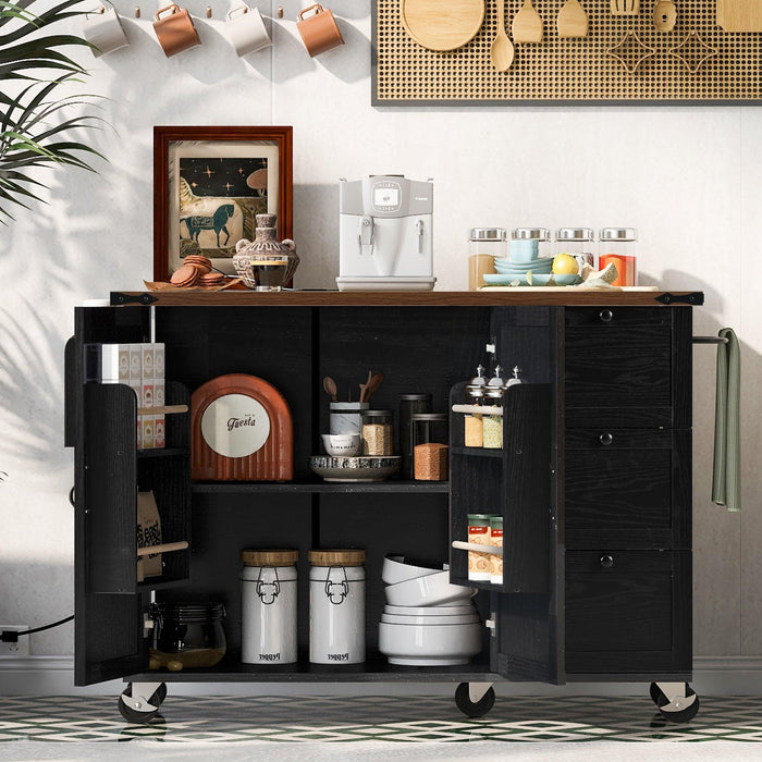 K&K 54.5" Farmhouse Kitchen Island with Power Outlet, Kitchen Storage Island with Internal Storage Rack, Drop Leaf, Spice Rack, Rolling Kitchen Cart on Wheels, for Home, Kitchen and Dining Room,Black