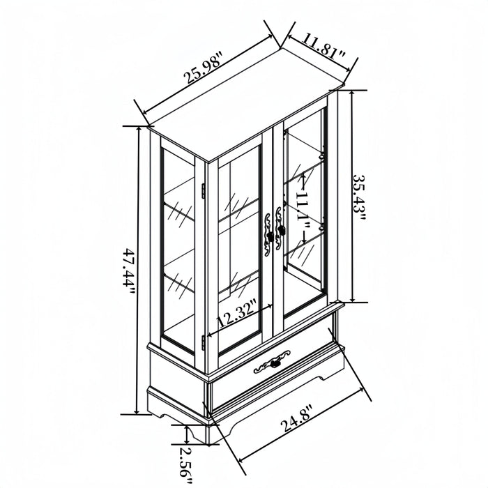 Glass Cabinet Lighted Glass Cabinet Curio Display Cabinet with Adjustable Glass Shelves 2 Doors and 1 drawer Cabinet Bulb Included Cherry