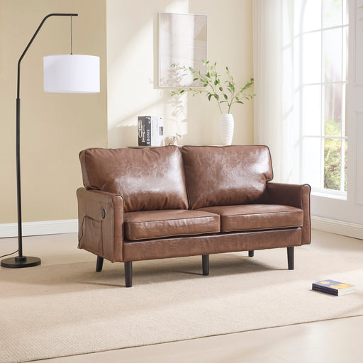 Loveseat Sofa, Mid Century Modern Love Seat, 2 Seater Sofa Couches for Living Room, Small Couch with USB & Removable Pillow Cover, Comfy Couch for Bedroom, Apartment (Brown PU) - DTYStore