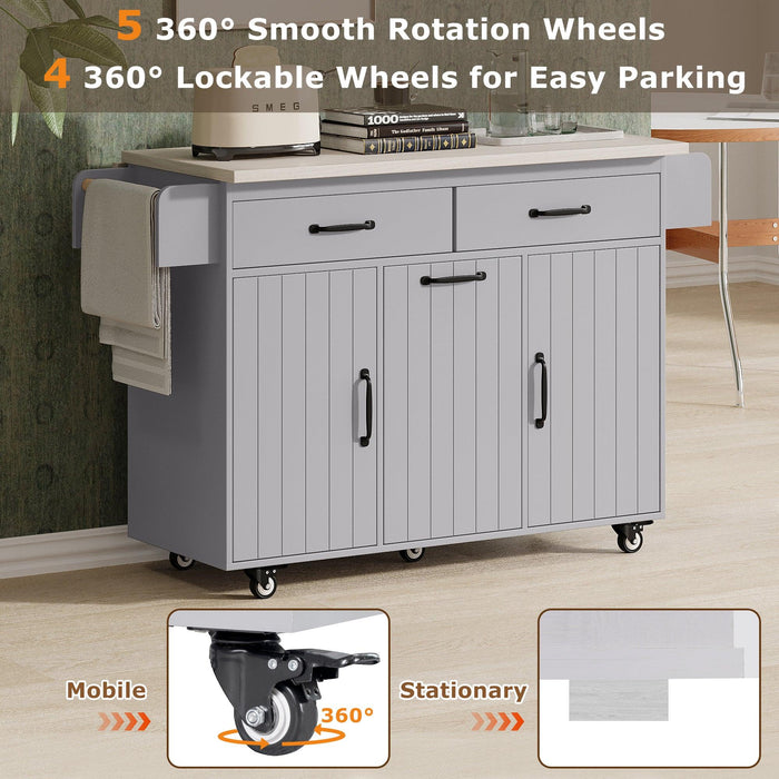 K&K Kitchen Island with Trash Can Storage Cabinet, Kitchen Cart with Drop Leaf, Spice Rack, Towel Rack and Drawer, Rolling Kitchen Island on Wheels with Adjustable Shelf, Grey