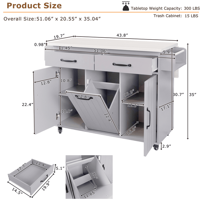 K&K Kitchen Island with Trash Can Storage Cabinet, Kitchen Cart with Drop Leaf, Spice Rack, Towel Rack and Drawer, Rolling Kitchen Island on Wheels with Adjustable Shelf, Grey