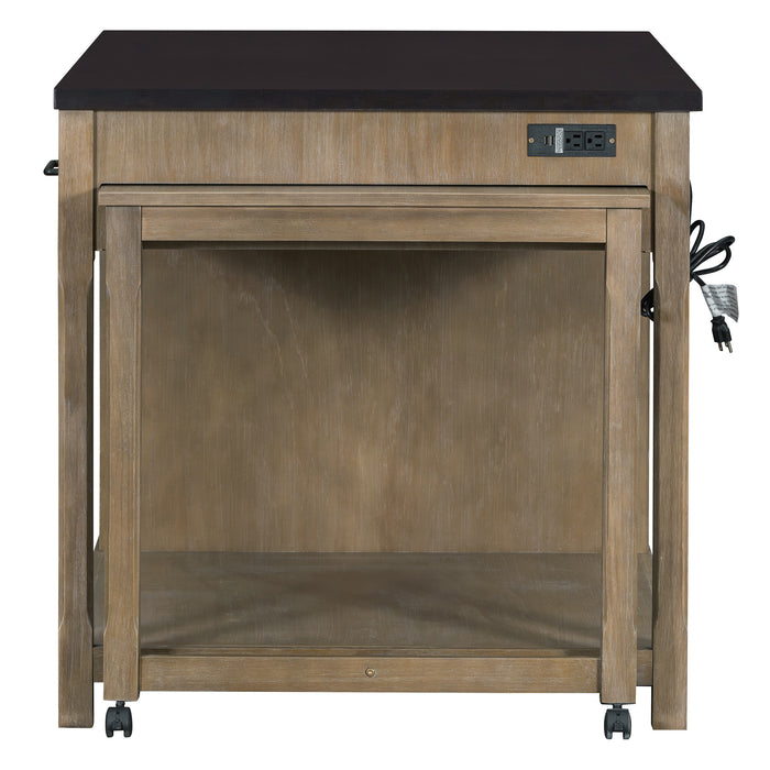 Extendable Kitchen Island with Storage, Multi-Functional Kitchen Cart with Built-In Power Outlets, Retro Kitchen Island on Wheels with Drawers and Open Shelves for Kitchen (Espresso+Natural) - DTYStore