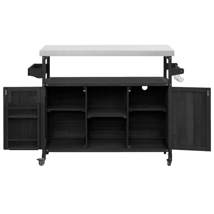 Outdoor Kitchen Island, Rolling Bar Cart & Storage Cabinet, Farmhouse Solid Wood Outdoor Grill Table with Stainless Steel Top, Spice Rack , Towel Rack for Kitchen & Barbecue, Black - DTYStore