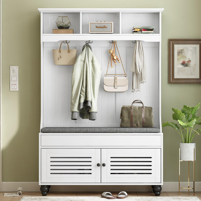 5-in-1 Entryway Bench with Shutter Doors, Coat Rack, Cushion, and Hooks for Hallway White