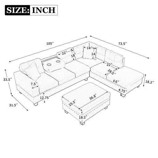 105" Modern Sectional Sofa with Storage Ottoman, L-Shape Couch with 2 Pillows and Cup Holder,Sectional Sofa with Reversible Chaise for Living Room,Light Gray - DTYStore