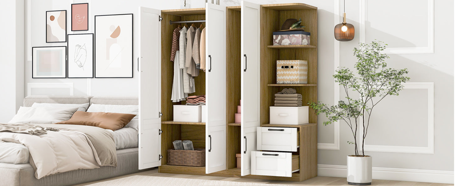 3 Door Wooden Storage Wardrobe for Dedroom with Shelves and 2 Drawers, Side Storage Shelves,White - DTYStore