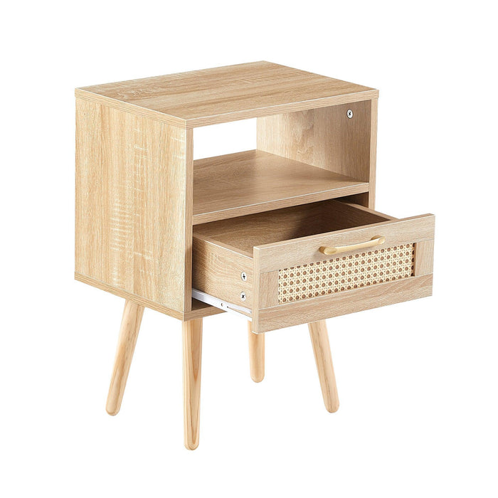 15.75" Rattan End table with drawer and solid wood legs, Modern nightstand, side table for living room, bedroom,natural - DTYStore