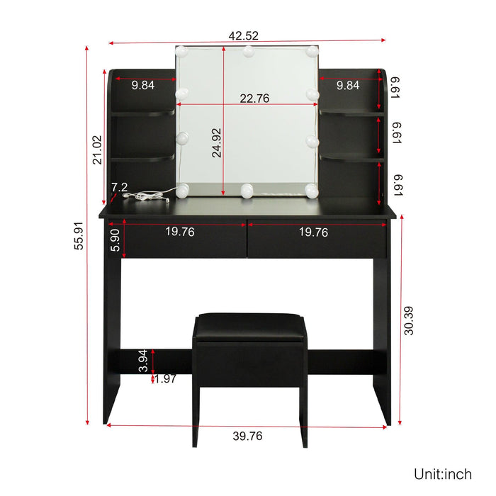 Modern Dressing table with 2 Drawers, 4 open shelves Rectangular Makeup Table with Mirror, 10-lamp bulb,,42.52*15.75* 52.76inch,for Bedroom, Black