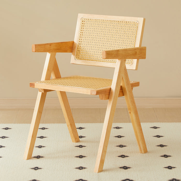 2 dining chairs, natural color, rubber wood rattan weaving technology, armrest solid wood dining chair, living room chair, simple and natural - DTYStore
