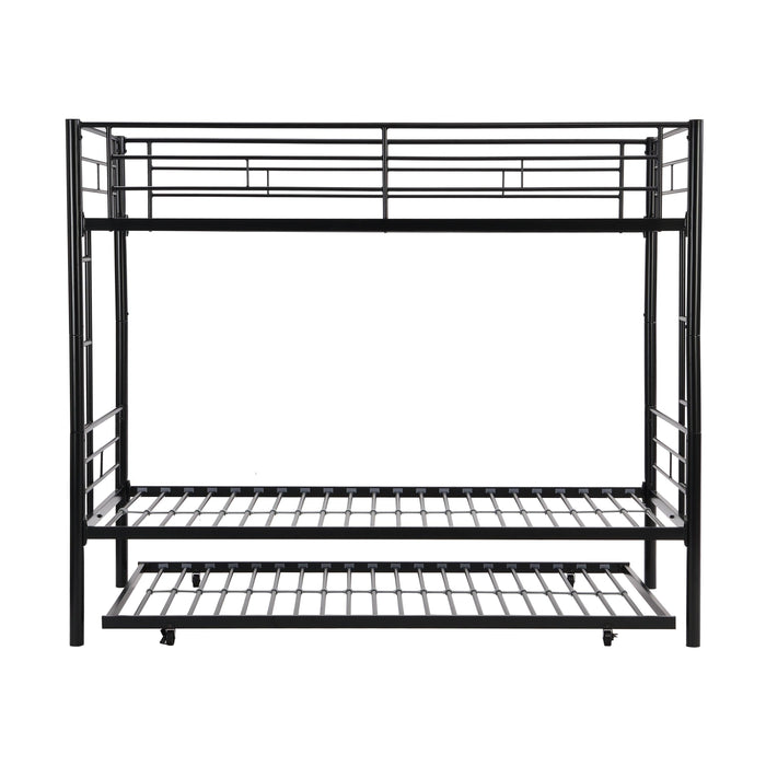 Over Twin Bunk Bed Frame with Trundle,Metal Bunkbed with Sturdy Guard Rail and 2 sideLadders for Kids/Adults,Can be Divided Into Two Beds, No Box Spring Needed, Noise Free for Dorm,Black