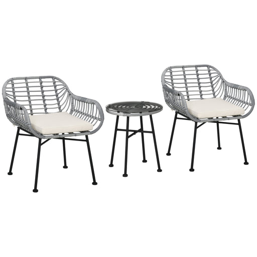 Outsunny 3 Piece Patio Set, Outdoor Bistro Furniture, PE Rattan Wicker Table and Chairs, Cushioned, Hand Woven, Modern Look with Tempered Glass for Garden, Porch, Pool, Backyard, Cream White - DTYStore