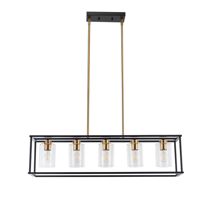 5-Lights Industrial Farmhouse Style Hanging Decorative Rectangle Pendant Lights, Black Antique Brass With Clear Glass Shade, Dining Room Kitchen Island Chandelier