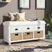 Rustic Storage Bench with 3 Drawers and 3 Rattan Baskets, Shoe Bench for Living Room, Entryway White