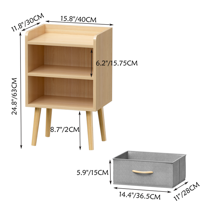 2PC Nightstand With Collapsible Fabric Drawer, 2-Tier Storage End Table, Wood Side Table with Storage Cabinet for Bedroom, Living Room - Oak - DTYStore