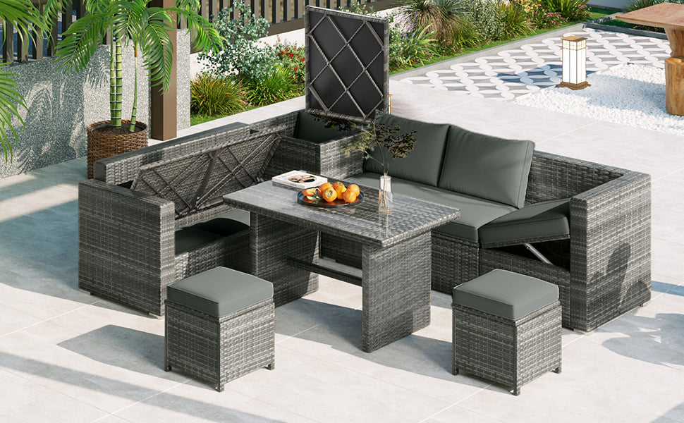 Outdoor 6-Piece All Weather PE Rattan Sofa Set, Garden Patio Wicker Sectional Furniture Set with Adjustable Seat, Storage Box, Removable Covers and Tempered Glass Top Table,Grey - DTYStore