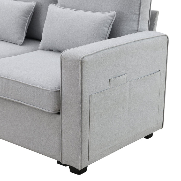 Modern Linen Fabric Sofa with Armrest Pockets and Pillows, Minimalist Style Couch