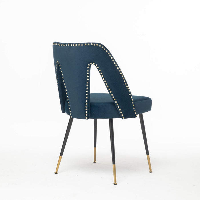 A&A Furniture,Akoya Collection Modern | Contemporary Velvet Upholstered Dining Chair with Nailheads and Gold Tipped Black Metal Legs,Blue,Set of 2