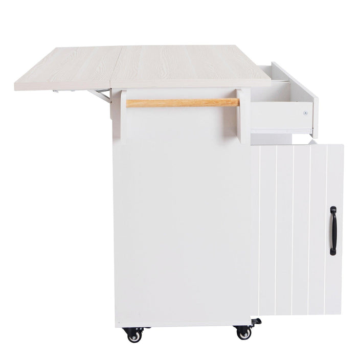 Kitchen Island with Trash Can Storage Cabinet, Kitchen Cart with Drop Leaf, Spice Rack, Towel Rack and Drawer, Rolling Kitchen Island on Wheels with Adjustable Shelf, White - DTYStore