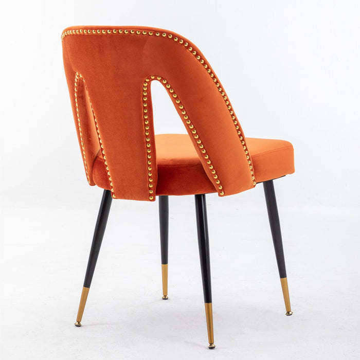 A&A Furniture,Akoya Collection Modern | Contemporary Velvet Upholstered Dining Chair with Nailheads and Gold Tipped Black Metal Legs, Orange，Set of 2