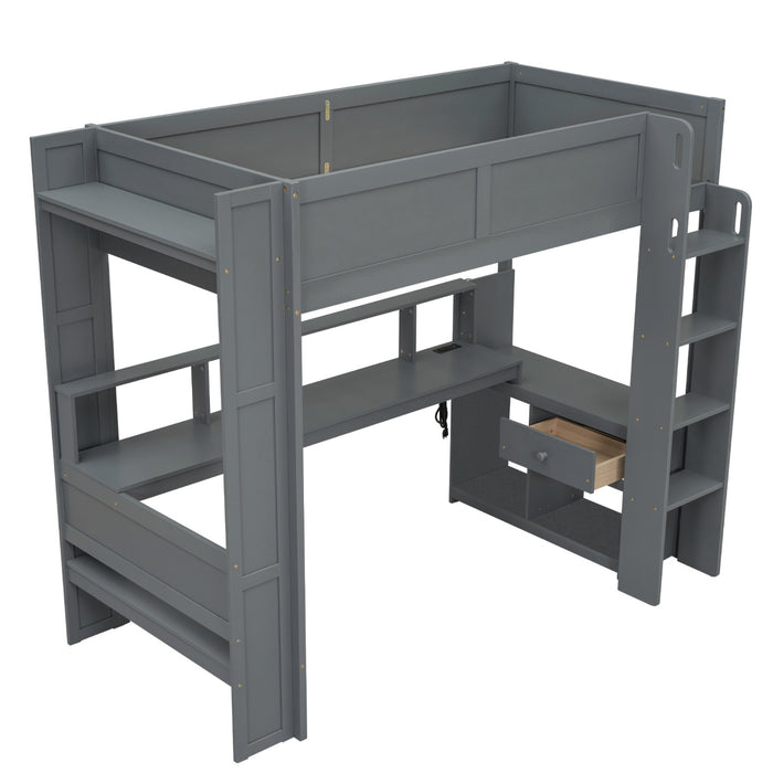 Wood Twin Size Gaming Loft Bed with Desk, Multi-storage Shelves, LED and Charging Station, Dark Gray - DTYStore