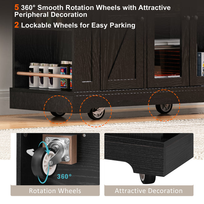 53'' Farmhouse Kitchen Island with Two Tempered Glass Cabinet Doors, Power Outlet, Rolling Kitchen Cart on Wheels with Drop Leaf, 5 Open Side Racks, 3 Drawers, for Kitchen, Dining Room, Black - DTYStore