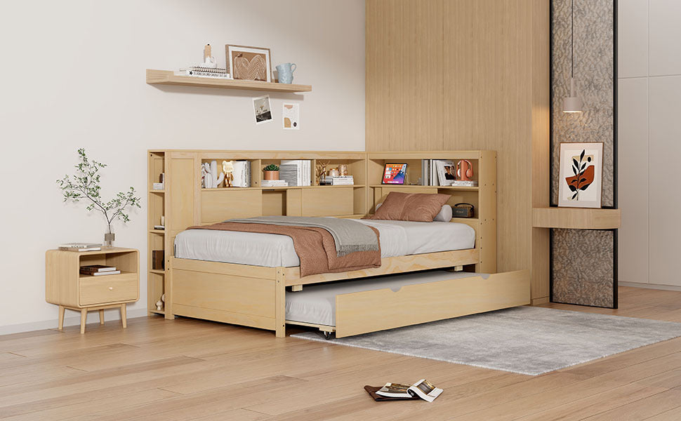 Twin Size Wood Daybed with Storage Shelves, USB and Trundle, Natural - DTYStore