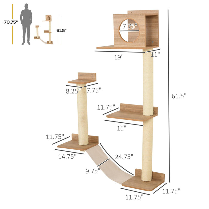 Wall-Mounted Multi-Level Cat Tree Activity Tower with Sisal-Covered Scratching Posts & an Interior Condo Area