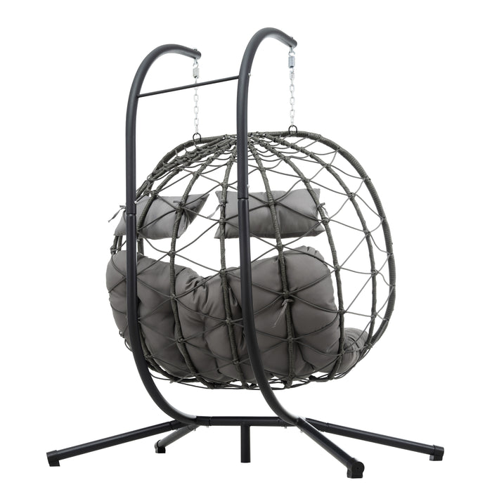 2 Persons Egg Chair with Stand Indoor Outdoor Swing Chair Patio Wicker Hanging Egg Chair Hanging Basket Chair with Stand for Bedroom Living Room Balcony - DTYStore