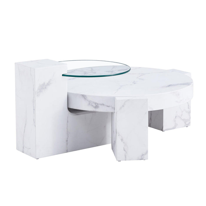 A modern, fashionable, and durable marble textured MDF coffee table with a side table. Match with multiple scenes. Suitable for living room and bedroom.