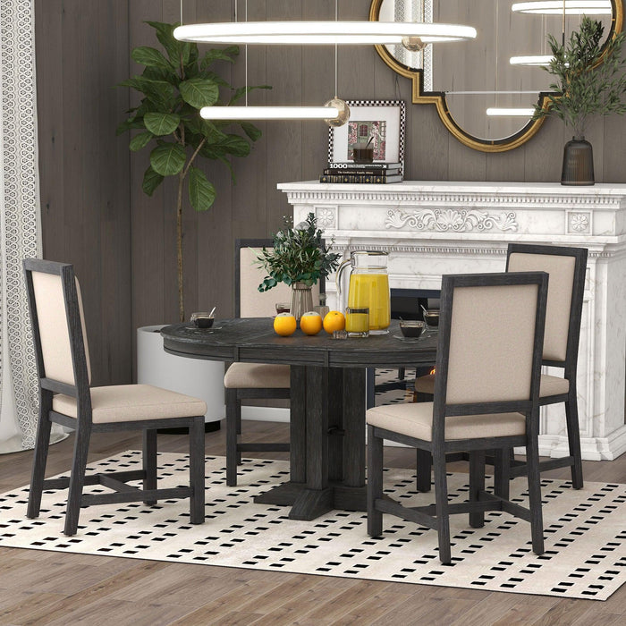 TREXM 5-Piece Dining Set Extendable Round Table and 4 Upholstered Chairs Farmhouse Dining Set for Kitchen, Dining Room(Black)