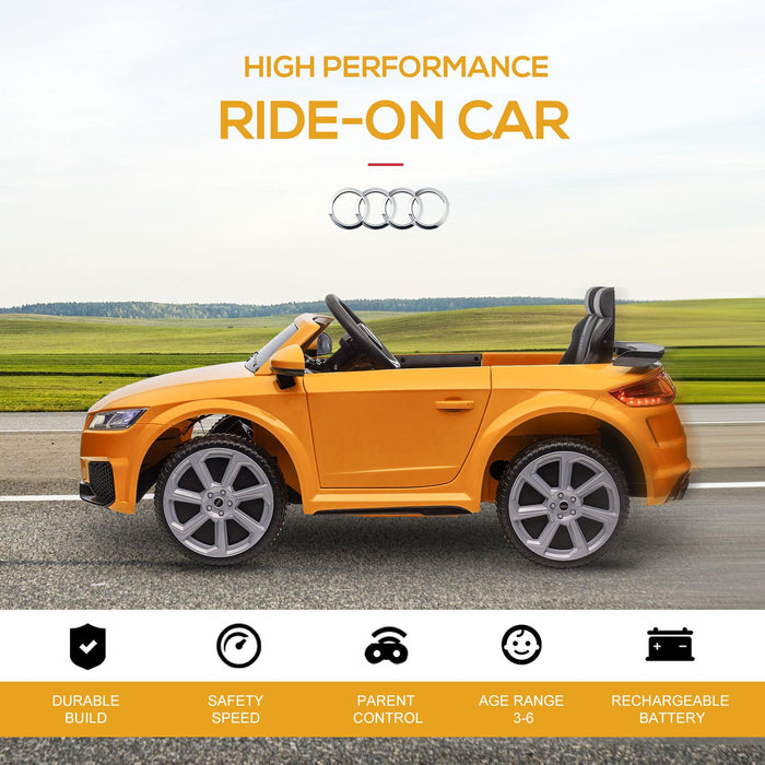 6V Kids Electric Ride On Car, Licensed Audi TT RS with Suspension System and Remote Control, Horn, 5 Songs, Lights, MP3 Player - Yellow