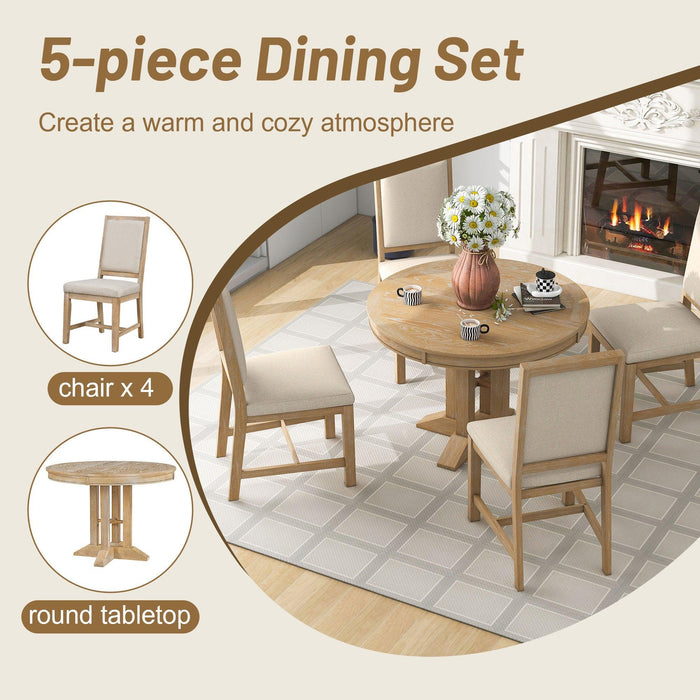 5-Piece Extendable Round Dining Set with Upholstered Chairs for Kitchen, Dining Room