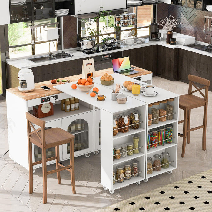 K&K Rolling Kitchen Island With Extended Table, Kitchen island on Wheels with LED Lights,Power Outlets and 2 Fluted Glass Doors, Kitchen Island with a Storage Compartment and Side 3 Open Shelves,White