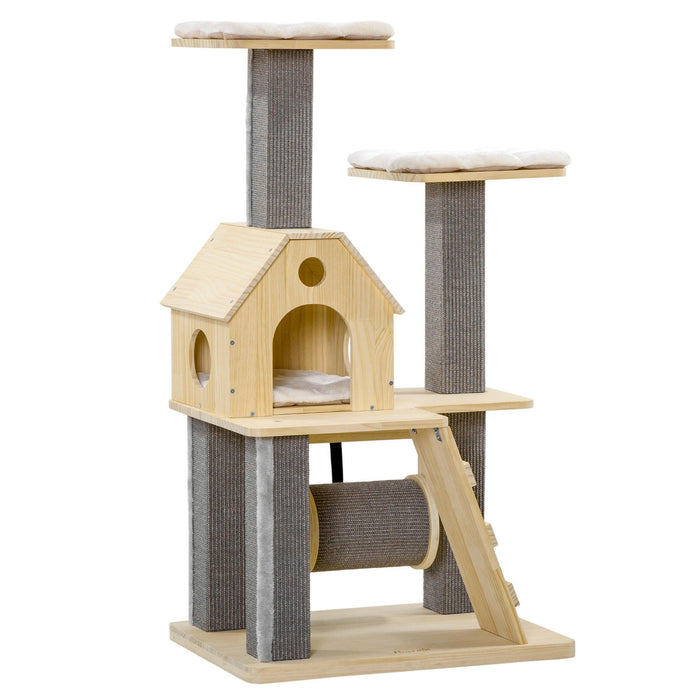 Cozy-House Cat Tree for Indoor Cats with Pillow-Covered Perches, Spinning Toy, Modern Climbing Activity Cat Tower with Scratching Posts, Cat Condo, Ladder, Natural