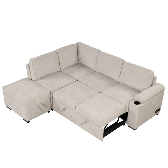 84.75" Sleeper Sofa Bed,2 in 1 Pull Out sofa bed L Shape Couch with Storage Ottoman for Living Room,Bedroom Couch and Small Apartment, Beige