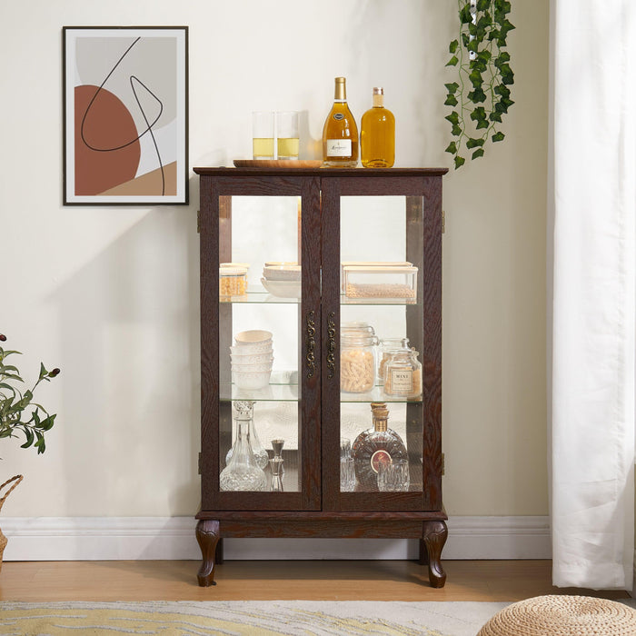 2 Doors Curio Cabinet with Tempered Glass Doors and Mirrored Back Panel, Lighted Display Cabinet for Home and Office