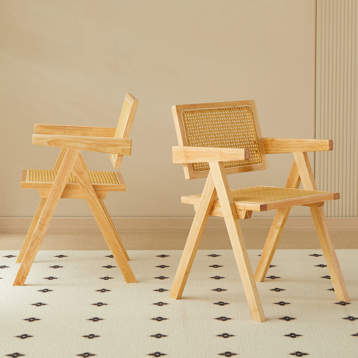 2 dining chairs, natural color, rubber wood rattan weaving technology, armrest solid wood dining chair, living room chair, simple and natural - DTYStore
