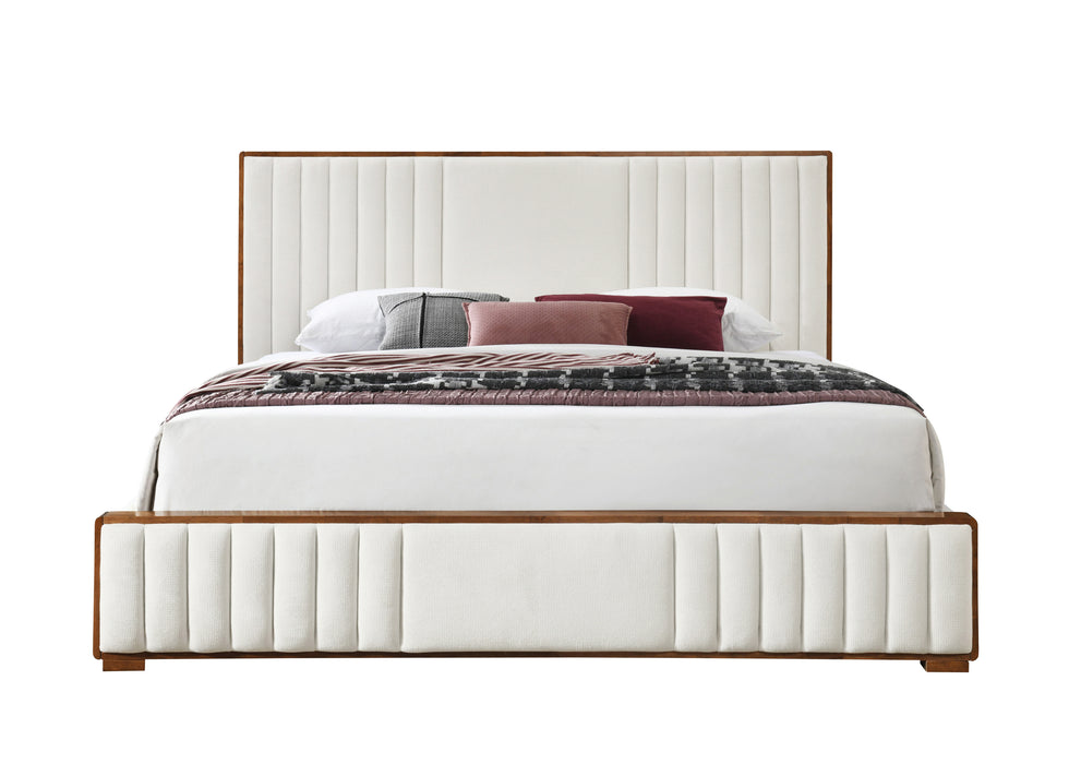 Kaleea Beige Chenille & Walnut Finish EK Bed - DTYStore