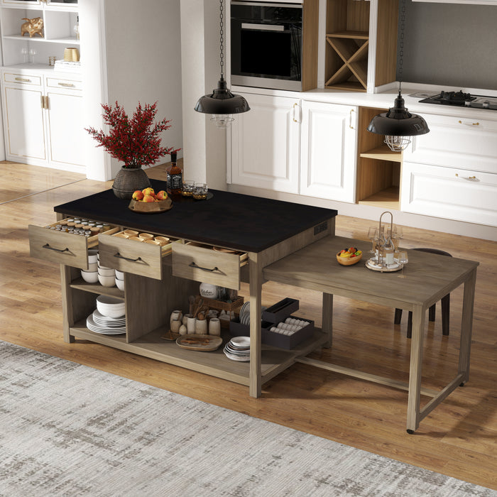 Extendable Kitchen Island with Storage, Multi-Functional Kitchen Cart with Built-In Power Outlets, Retro Kitchen Island on Wheels with Drawers and Open Shelves for Kitchen (Espresso+Natural) - DTYStore