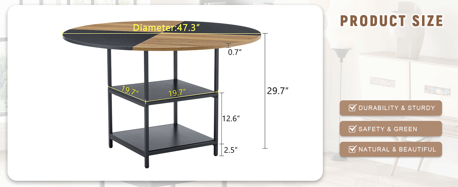 47.3-inch diameter modern splicing circular dining table - double-layer storage, wood and black fan-shaped diagonal color matching design, interpreting home aesthetics and practicality. - DTYStore