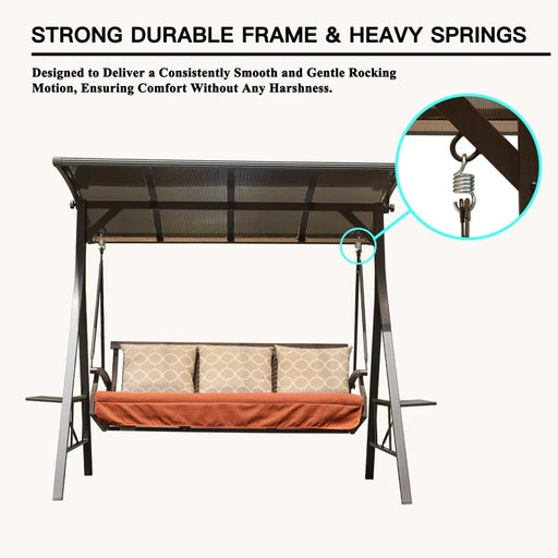 Patio Porch Swing 3 Person Adjustable Canopy Deluxe Hammock Swing Glider with 3 Sunbrella Cushions for Outdoor Garden, Balcony, Backyard - DTYStore